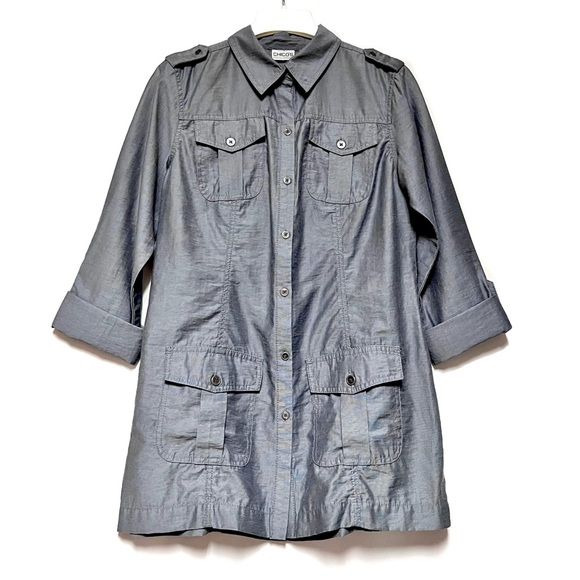 Vintage Chicos Jacket Military Linen Blend Grey SZ 1 Medium Minimalist Lagenlook - Picture 1 of 11